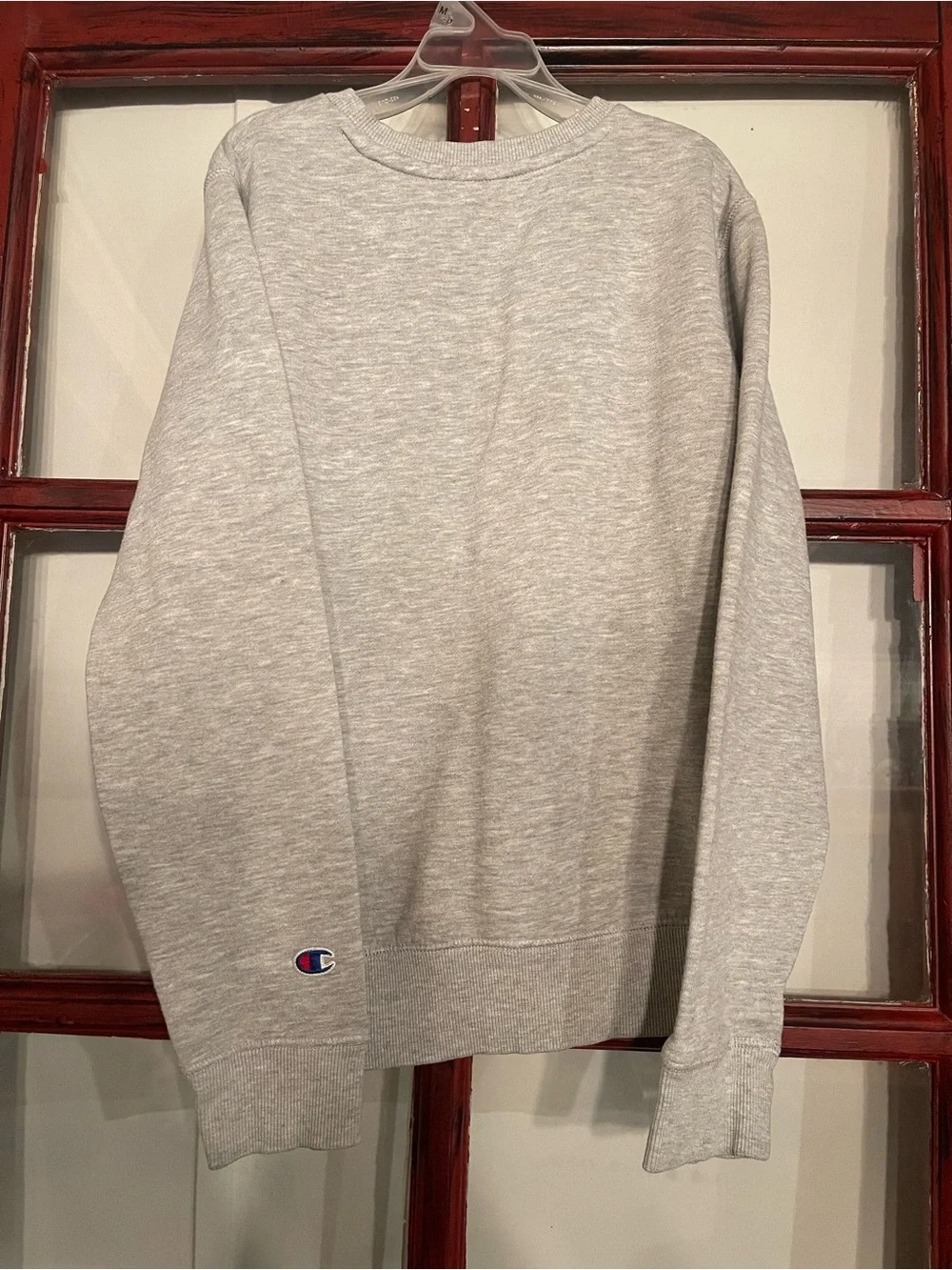 Champion Heather Gray Crewneck Sweatshirt with Navy & Red Logo